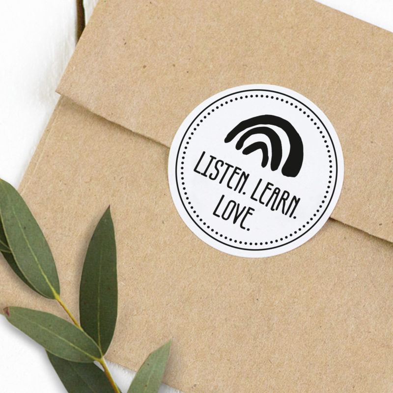 Spenden-Sticker Listen. Learn. Love. rund Kleine Papeterie