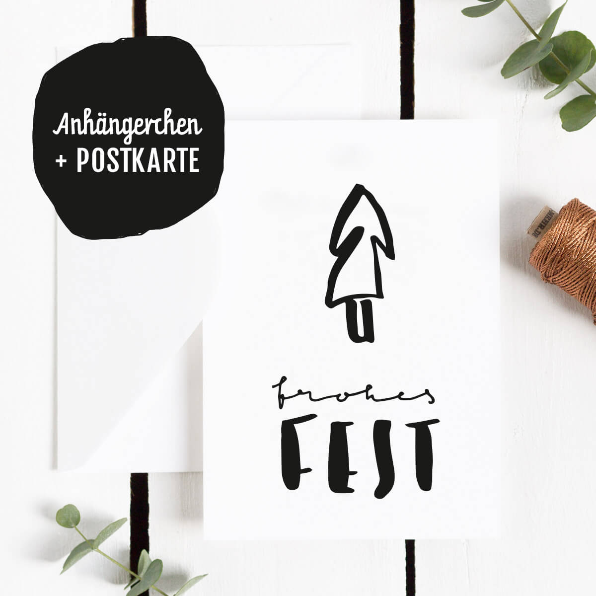 Freebie Postkarte Frohes Fest mit Handlettering in schwarzweiß