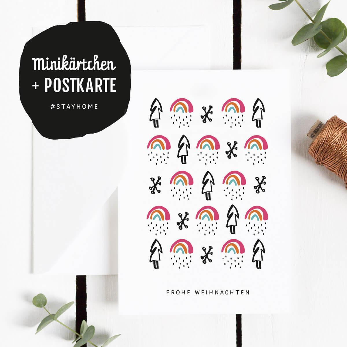 Freebie Postkarte Frohe Weihnachten mit dem Motiv Kleiner Regenbogen