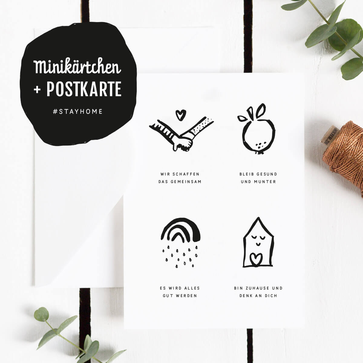 Freebie Postkarte mit Mini-Kärtchen #stayhome in schwarzweiß