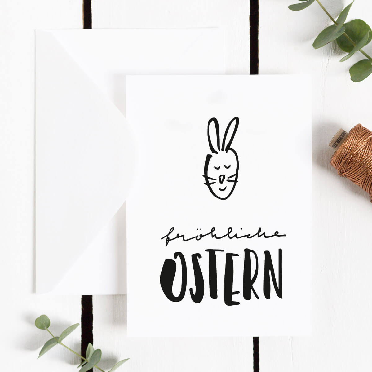 Freebie Postkarte Fröhliche Ostern in schwarzweiß mit Hasen-Motiv