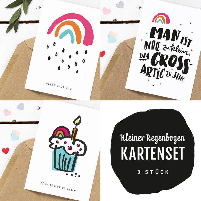 Ein Postkarten-Set mit euren drei liebsten Postkarten mit dem Mutmacher Kleiner Regenbogen für die unterschiedlichsten Anlässe