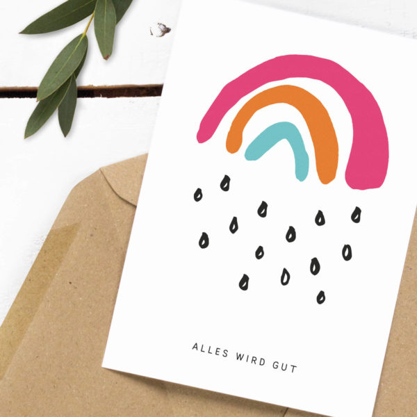 Postkarte Alles wird gut mit dem Mutmacher Kleiner Regenbogen von Kleine Papeterie