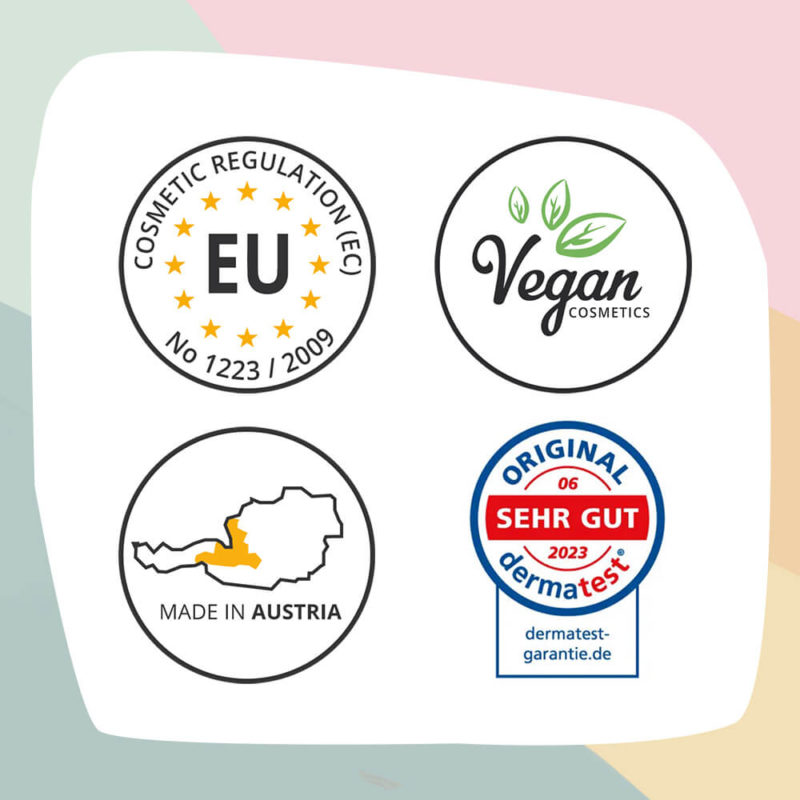 Qualiätssiegel Klebetattoos, sie sind vegan, dermatologisch getestet und in Österreich produziert