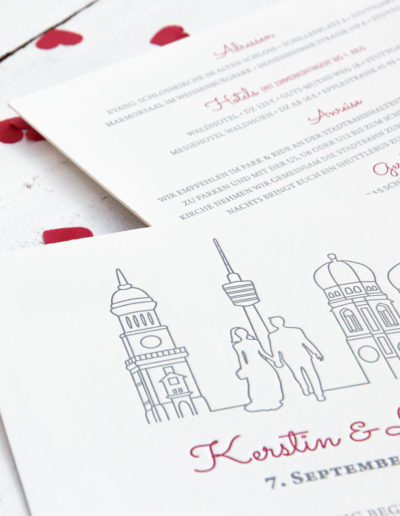 Hochzeitspapeterie im Letterpress gedruckt mit illustriertem Hochzeits-Logo